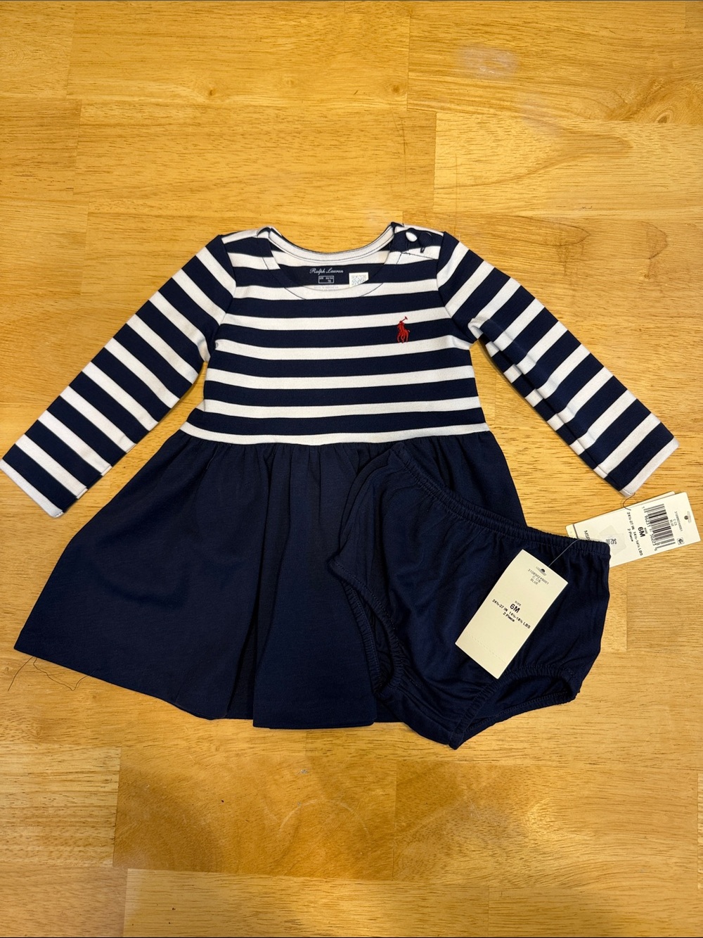 NWT. Ralph Lauren Navy and White Striped Long-Sleeve Dress with Navy Bloomers